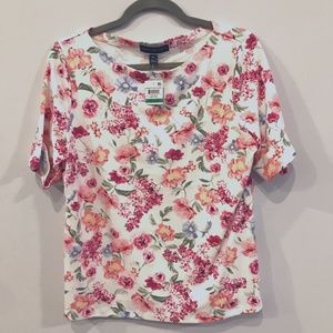 Karen Scott Floral Boat Neck Short Cuff Sleeve Top